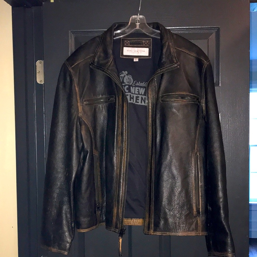 Andrew Marc distressed brown leather motorcycle jacket. XL